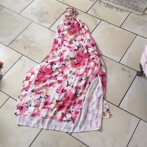 Pink floral open back halter maxi dress